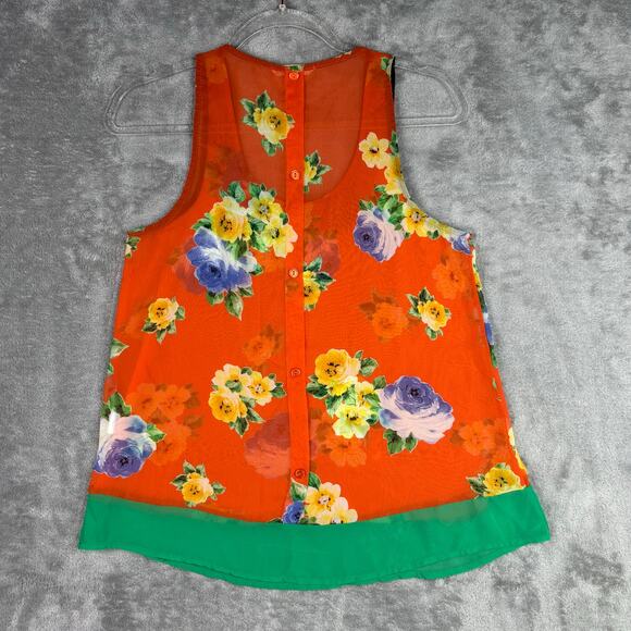 Lush Orange Floral Sleeveless Blouse Women’s XS Sheer Button Back Top - Picture 5 of 7